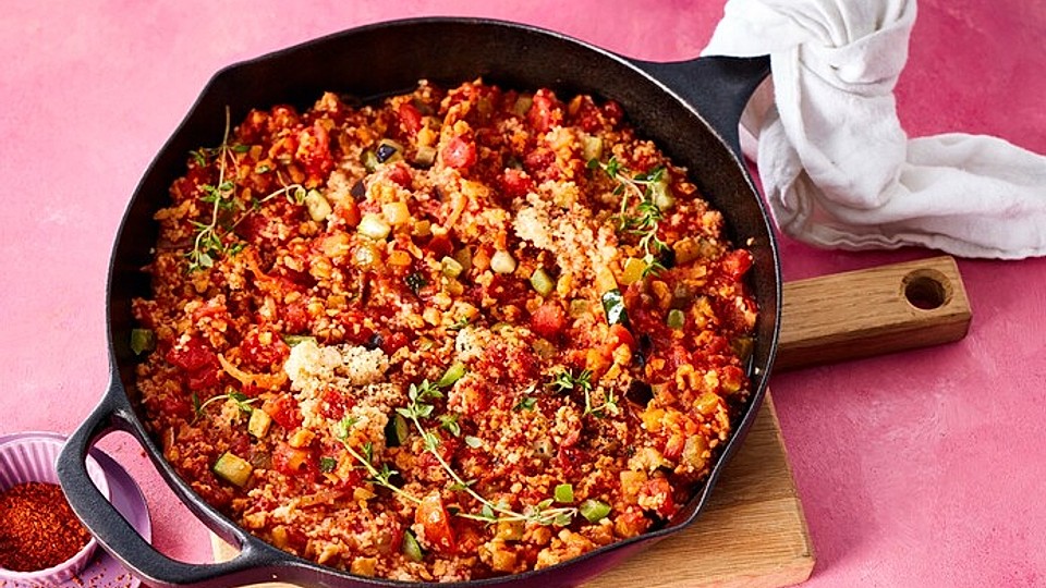 Vegane Couscous-Pfanne mit mediterranem Gemüse und Sojagranulat
